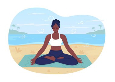 Yaz plajı rahatlama 2D vektör web afişi, poster. Eğlence amaçlı geri çekilme. Afro-Amerikan kadın düz karakterleri çizgi film arka planında meditasyon yapıyor. Zen yazdırılabilir yaması, renkli web ögesi