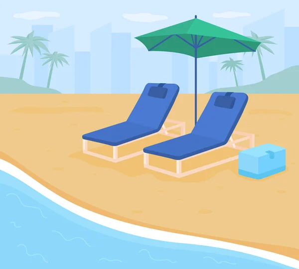 折叠椅上的沙滩平面彩色矢量插图 夏季的海滨活动 关爱家庭的海滩 海滨度假胜地 以城市景观为背景的二维卡通沙滩度假胜地 — 图库矢量图片