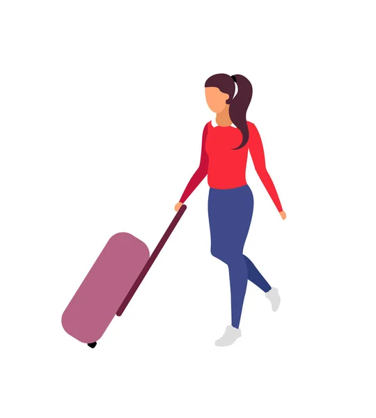 Kobieta Podróżnik Przetrzymujący Bagaż Płaski Kolor Wektor Bezimienny Charakter Pasażer — Wektor stockowy