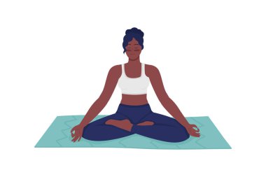 Mutlu kadın düz renk vektörü detaylı karakter meditasyonu yapıyor. Hintli kız Asana pozisyonunda. Zen ve farkındalık. Sağlık için yoga web grafik tasarımı ve animasyonu için izole edilmiş çizgi film çizimi