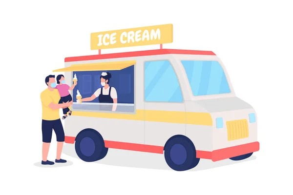 Family Buying Ice Cream Truck Flat Color Vector Faceless Characters — Stock Vector