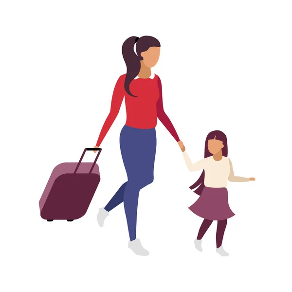 母亲和女儿一起旅行的平面彩色矢量无脸字符 携带旅行袋和儿童隔离卡通画的女乘客 用于网页平面设计和动画制作 — 图库矢量图片