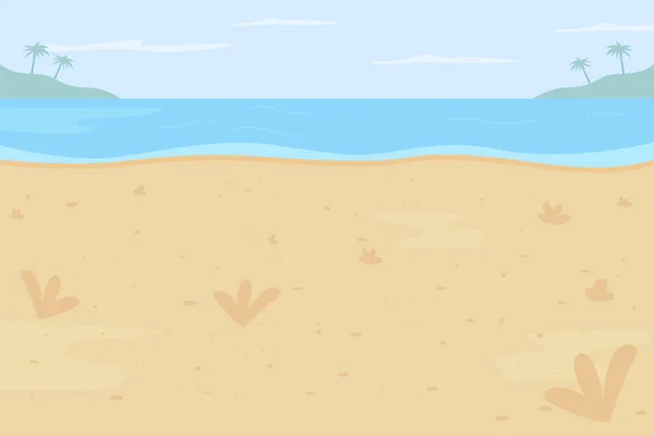 热带海滩平面彩色矢量插图 暑假的地方 度假旅行的地方 夏天的海景 Idyllic泻湖 以海洋为背景的二维卡通景观 — 图库矢量图片