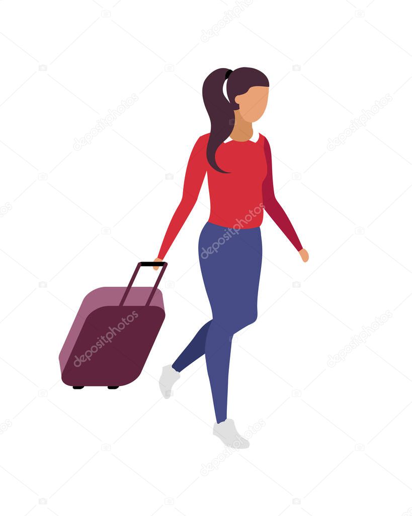 Solo travel for woman flat color vector faceless character. Business journey. Going to weekend trip with small luggage isolated cartoon illustration for web graphic design and animation