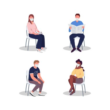 Yüzü olmayan maskeli hastane ziyaretçileri ayarlandı. Tıbbi bir randevu. Klinik bekleme odası, web grafik tasarımı ve animasyonu için izole çizgi film illüstrasyonları koleksiyonu deneyimi