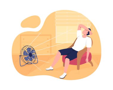 2D vektör çizimi yaz aylarında serinliyor. Vücut ısısını düşürüyorum. Çizgi film arka planında yaz sıcağından muzdarip bir adam. Renkli sahneden kaçınan güneş çarpması
