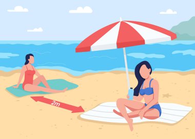 Plaj düz renk vektör illüstrasyonunda sosyal uzaklık. Yaz tatili. Diğer insanlardan 2 metre uzakta tut. Güneş banyosu yapan genç kadınlar. Arka planda deniz manzarası olan 2 boyutlu karikatür karakterleri.