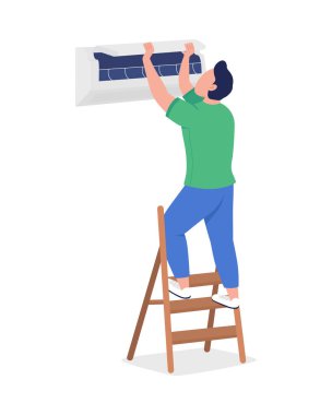 Kliması yarı düz renk vektör karakterli bir adam. Nişanlı figür. Beyazın üzerinde tam vücut insan. İçerideki havanın soğutulması grafik tasarım ve animasyon için modern çizgi film stili çizimi