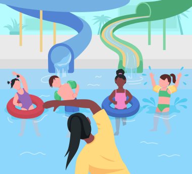 Su parkı eğlenceli düz renk vektör çizimi. Çocuklar için jimnastik. Aqua Park 'ta eğlence. Egzersiz ve spor. Anaokulu çocukları. Arka planda lunaparkı olan 2D çizgi film karakterleri.