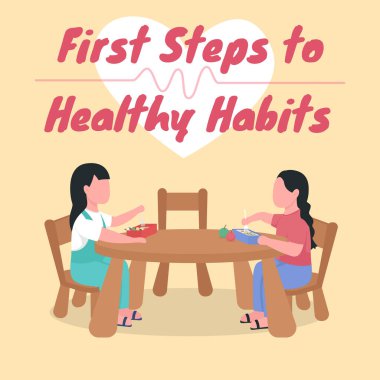 Okul öğle yemeği sosyal medya modeli. Sağlıklı alışkanlıkların ilk adımları. Web pankartı tasarım şablonu. Çocuklar için sağlık desteği, yazıtlı içerik düzeni. Poster, baskı reklamları ve düz illüstrasyon