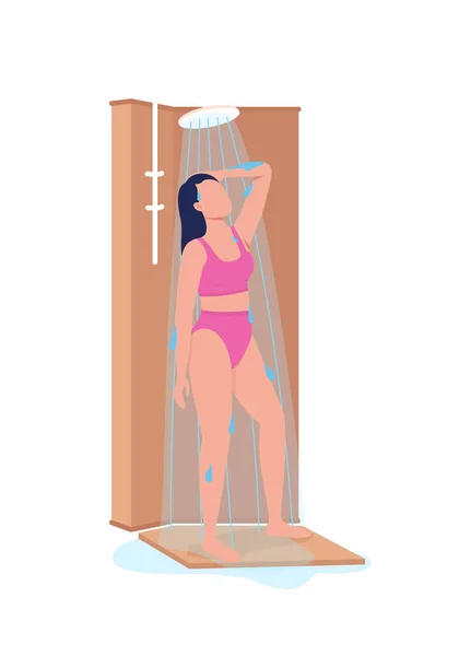 Fille Prenant Douche Semi Plat Couleur Vecteur Caractère Femme Maillot — Image vectorielle