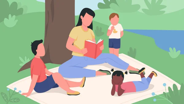 Flicka Läsa Bok För Barn Parken Platt Färg Vektor Illustration — Stock vektor