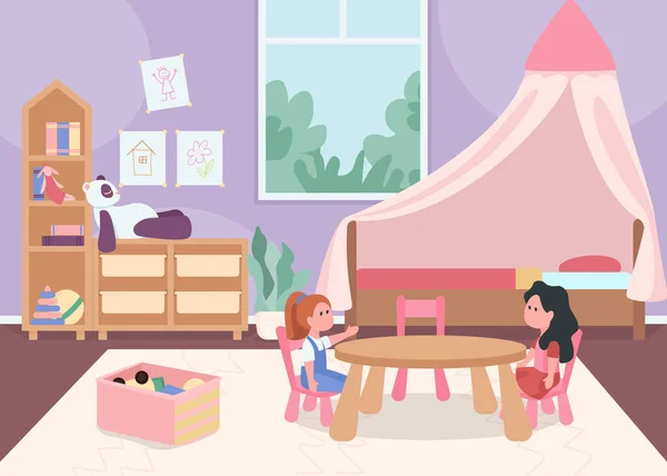 儿童卧室女性幼儿平面彩色矢量插图 舒适的儿童家庭空间 给孩子们的游戏空间幼稚园室2D卡通人物 背景为粉色家具及玩具 — 图库矢量图片