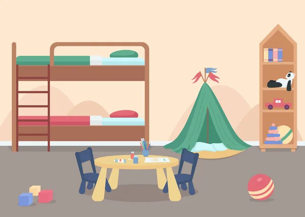 男婴卧房平面彩色矢量插图 孩子们房间里有玩具 舒适生活的家居家具 幼稚园室2D卡通人物 背景为双层床 — 图库矢量图片
