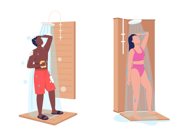 半フラットカラーベクトル文字セットの表示 シャワーを浴びている姿 白人の全身人 衛生的に隔離された近代的な漫画スタイルのイラストコレクションのためのグラフィックデザインとアニメーション — ストックベクタ