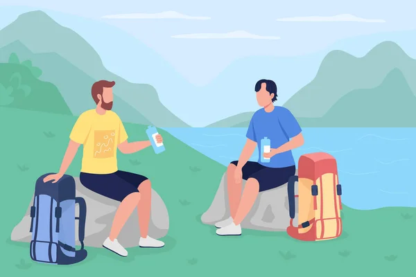 Trekkers Beber Agua Plana Ilustración Vectorial Color Viajeros Vacaciones Campo — Vector de stock