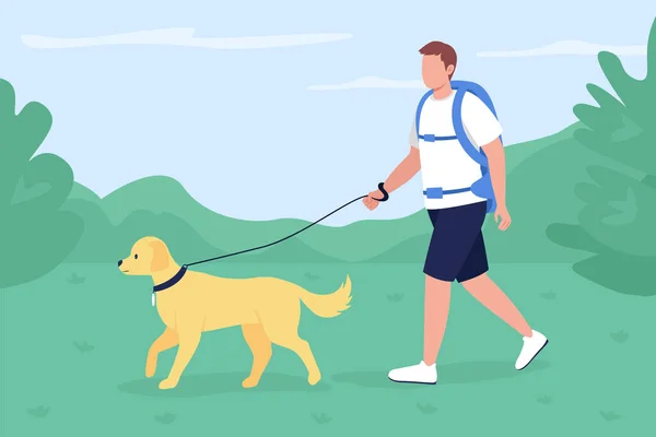 Trekker和狗一起在农村平面彩色矢量图解中散步 带着拉布拉多人在农村探索小径 背包客2D卡通人物 背景为全景山 — 图库矢量图片