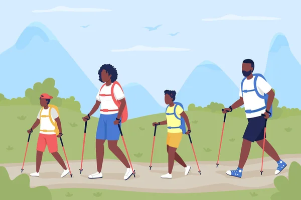 Familie Vakantie Het Platteland Platte Kleur Vector Illustratie Nordic Walk — Stockvector