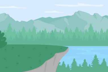 Sahne Highland plato düz renk vektör çizimi. Orman göl manzaralı. Kamp ve yürüyüş için uygun bir yer. Vahşi doğa, arka planında panoramik dağ zirveleri olan 2D karikatür manzarası
