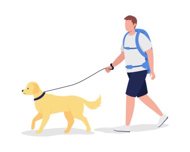 Sırt çantalı bir adam yarı düz renk vektör karakterli bir köpekle yürüyor. Trekker figürü. Beyazın üzerinde tam vücut insan. Yürüyüşçü grafik tasarım ve animasyon için modern çizgi film stili çizimini izole etti