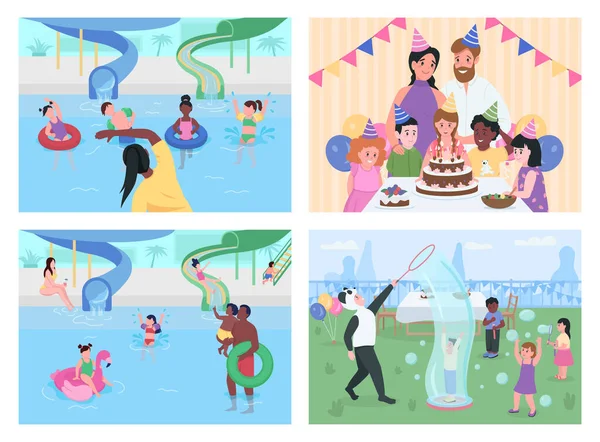 Festa Entretenimento Para Crianças Conjunto Ilustração Vetorial Cor Plana Parque — Vetor de Stock