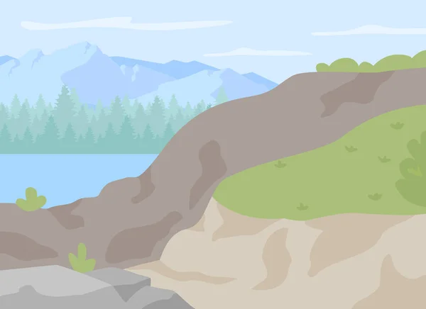 フラットカラーベクトルイラストをハイキングするためのロッキー高地 トレッキングや登山のための自然の中でスポット 田舎での休暇 山の峰を背景にした風景夏の2D漫画の風景 — ストックベクタ