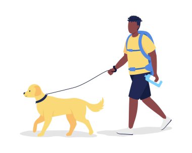 Man with backpack and labrador semi flat color vector character. Trekker figure. Full body person on white. Hiker on walk isolated modern cartoon style illustration for graphic design and animation vector Man with backpack and labrador semi flat color vector character. Trekker figure. Full body person on white. Hiker on walk isolated modern cartoon style illustration for graphic design and animation vector