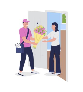 Taze çiçekler, yarı düz renk vektör karakteri gönderiliyor. Teslimatçı figürü. Beyazın üstüne tüm vücudu olan insanlar. Çiçek düzenlemesi, grafik tasarım ve animasyon için modern çizgi film stili çizimini izole etti