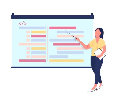 Yarı düz renk vektör karakterini programlama sunumu. İş kadını figürü. Beyazın üzerinde tam vücut insan. IT semineri grafik tasarım ve animasyon için modern karikatür stili çizimini izole etti