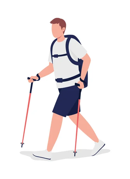 Hombre Nordic Walk Semi Flat Color Vector Character Trekker Figura — Vector de stock