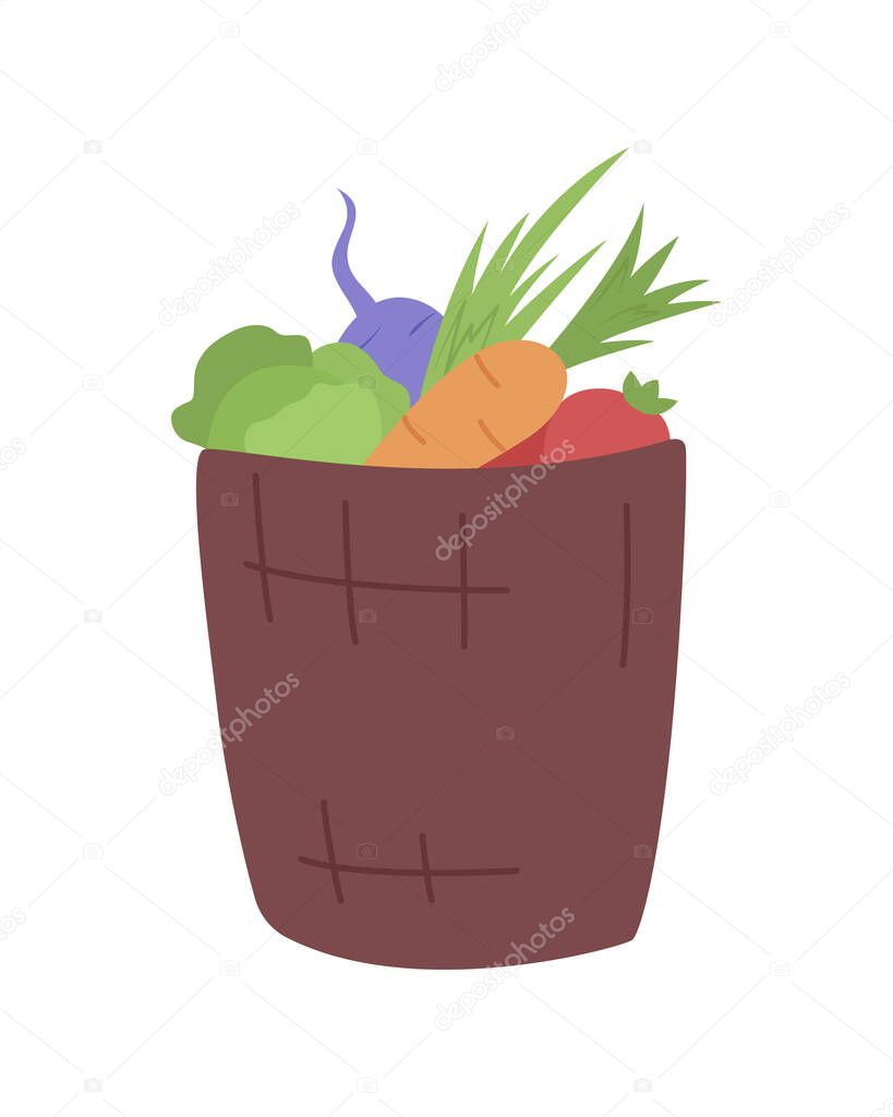 Vegetables basket semi flat color vector object. Delivering fresh and organic veggies. Carrot, cabbage, tomato in box isolated modern cartoon style illustration for graphic design and animation