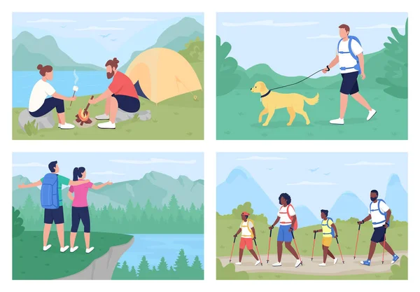 Leisure Activity Outdoors Flat Color Vector Illustration Set Walking Trails — ストックベクタ