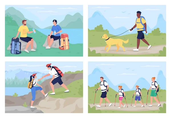 Trekkers Countryside Flat Color Vector Illustration Set Family Exploring Scenic — Vector de stock