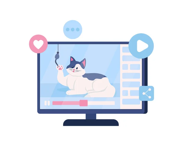 Video Funny Cat Computer Screen Semi Flat Color Vector Object — Wektor stockowy