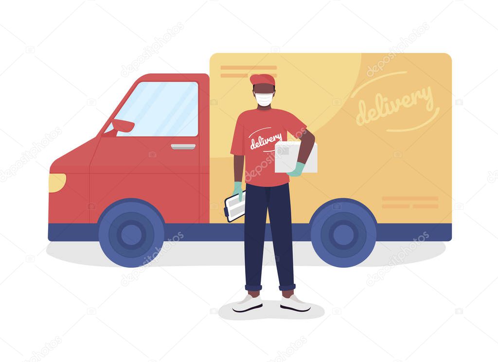 Courier with parcel and van semi flat color vector character. Postman figure. Full body person on white. Delivery service isolated modern cartoon style illustration for graphic design and animation