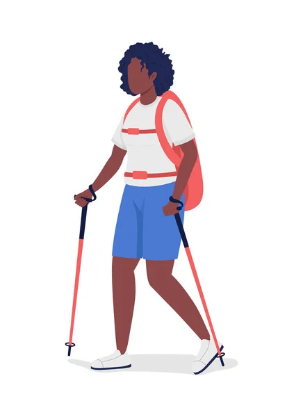 Mujer Nordic Walk Semi Flat Color Vector Character Figura Trekker — Vector de stock