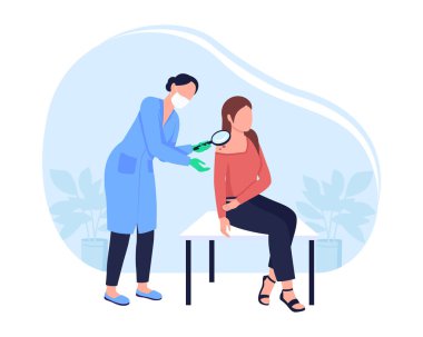 Cilt kanseri için melanomayı kontrol et. 2D vektör izole çizimi. Pratisyen beni inceliyor. Kadın doktor ve karikatür geçmişindeki hasta karakterler. Dermatolog randevusu renkli sahne