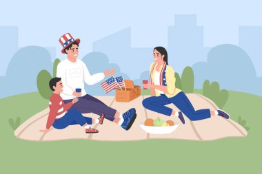 Mutlu Amerikan ailesi Bağımsızlık Günü düz renk çizimini kutluyor. 4 Temmuz 'da Amerika' da piknik. Arka planda şehir parkı olan 2D çizgi film karakterli gülümseyen ebeveynler