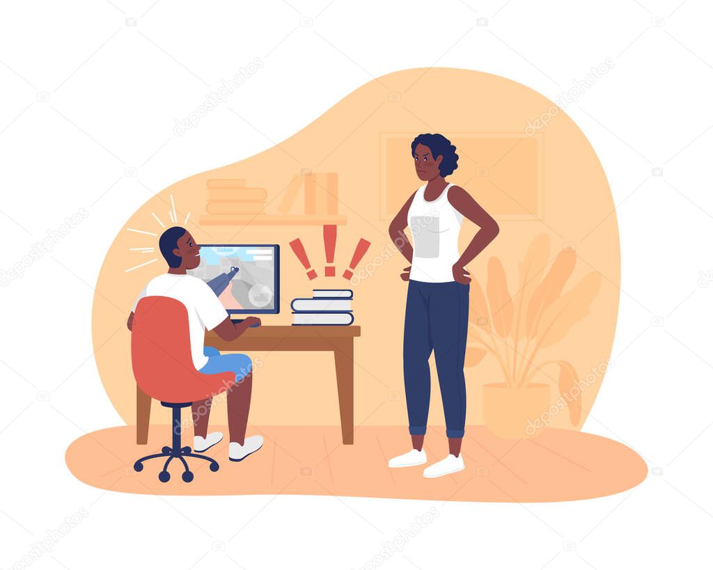 Mother argue with teenager about homework 2D vector isolated illustration. Child procrastinating on homework and mom angry with him flat characters on cartoon background. Teen problem colourful scene