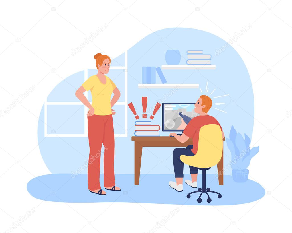 Mother argue with procrastinating teen son 2D vector isolated illustration. Kid playing computer games. Mom with adolescent kid flat characters on cartoon background. Teenager problem colourful scene