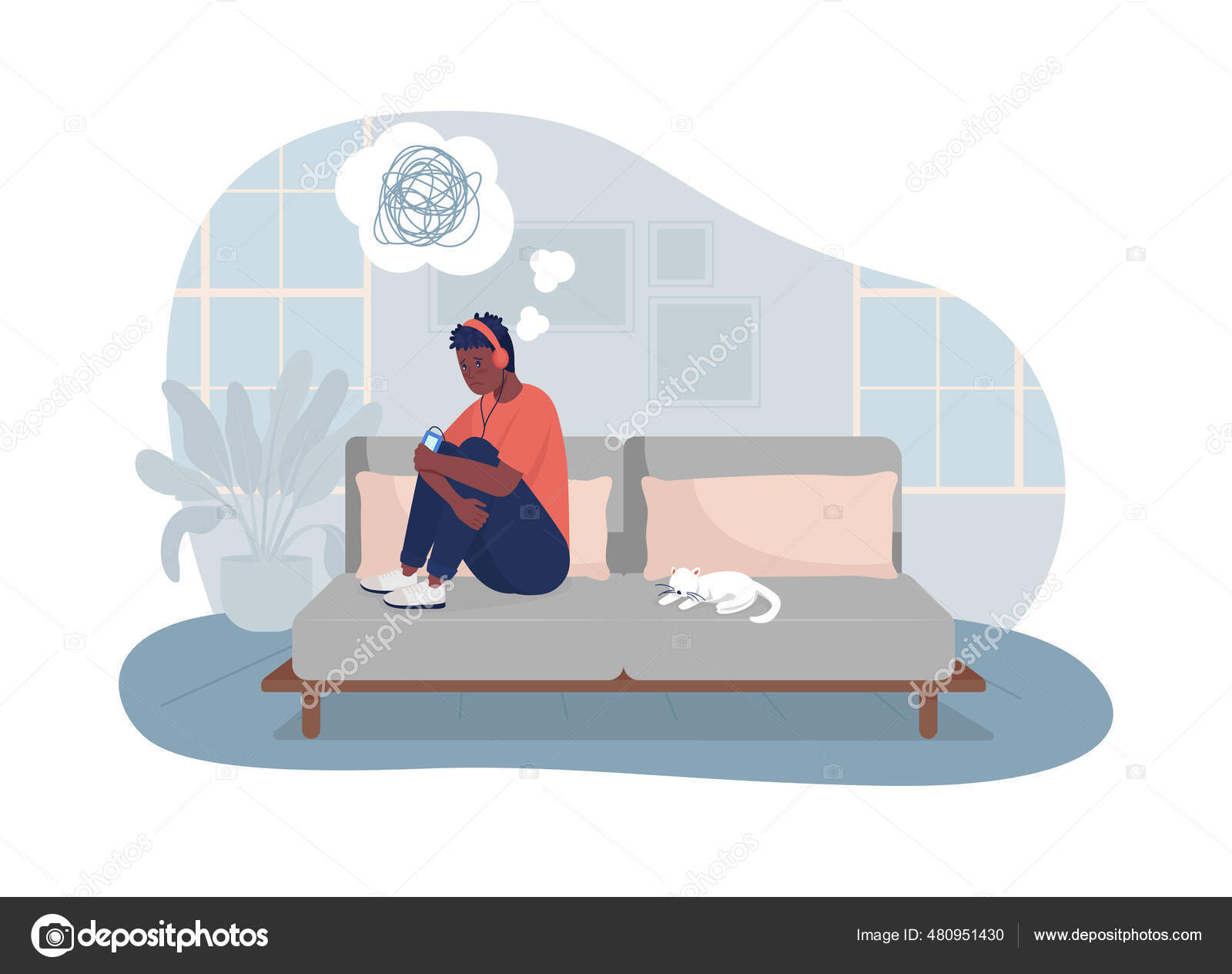 家庭用2Dベクトル絶縁イラストで孤独な10代の少年 不幸な子供がソファに座っている 漫画の背景にヘッドフォンフラット文字で落ち込んで子供  ティーネージャー問題カラフルなシーン ストックベクター ©IMG visuals characters 480951430, image size:1600x1264