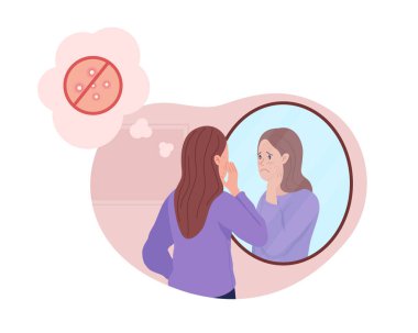 Genç kız akne 2D vektör izole çizimi yüzünden üzgün. Cilt bakımıyla ilgili cilt bakımı sorunu. Çizgi film arka planında, aynanın önünde oturan mutsuz çocuk. Gençlik sorunları renkli sahne