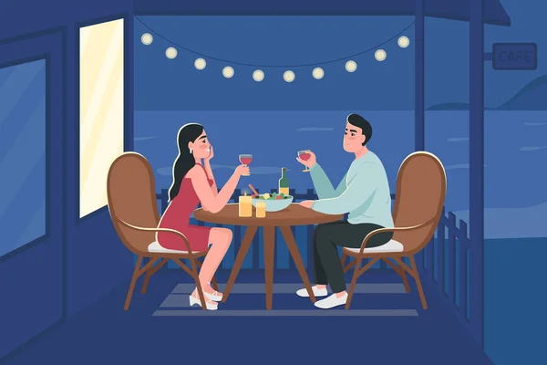 情侣在浪漫的夜晚约会平面彩色矢量插图 情侣们坐在桌旁喝酒和吃饭 男朋友和女朋友背景为海滨景观的2D卡通人物 — 图库矢量图片
