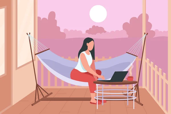 Woman Hammock Laptop Flat Color Vector Illustration Relaxation Home Backyard — Stock Vector