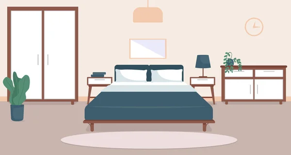 卧室内平面彩色矢量插图 舒适的客厅 居住生活方式 双尺寸床 有家具的居室 现代家用2D卡通内饰 背景家具装饰 — 图库矢量图片