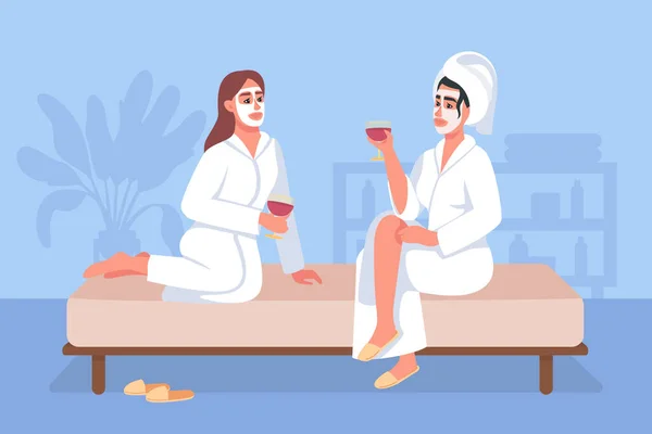 ホームフラットカラーベクトルイラストでスパ日 化粧品の顔のマスクとバスローブの女性はワインを飲み リラックスします 背景に居心地の良いホームインテリアと友人2D漫画のキャラクター — ストックベクタ