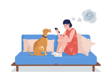 Üzgün kız, telefonun yarı düz renk vektör karakterine bak. Oturan bir figür. Beyazın üzerinde tam vücut insan. Gençlik sorunları grafik tasarım ve animasyon için modern çizgi film stili çizimlerini izole etti