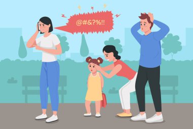 Öfke yönetimi düz renk vektör illüstrasyonunu yayınlar. Telefon üzerine yemin eden bir kadın. Kamusal alanda şok olmuş bir adam. Arka planda şehir manzarası olan 2 boyutlu karikatür karakterleri hakkında tartışmalar