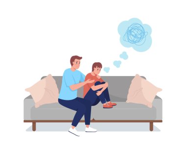 Baba oğluna yarı düz renk vektör karakter öneriyor. Oturan bir figür. Beyazın üstüne tüm vücudu olan insanlar. Gençlik sorunları grafik tasarım ve animasyon için modern çizgi film stili çizimlerini izole etti