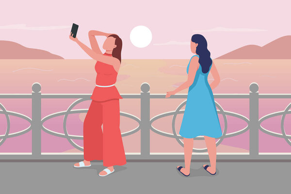 Device addiction flat color vector illustration. Woman taking selfie on smartphone while friend wait. People with communication problem 2D cartoon characters with sunset seaside on background